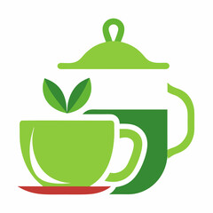 Green tea cup with teapot. Green tea icon.
