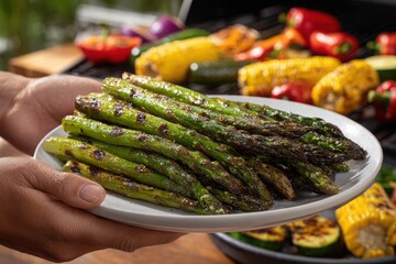 Grilled asparagus spears served on a plate outdoors