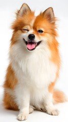 Obraz premium Adorable and fluffy orange and white dog winking with its tongue sticking out in a playful and endearing pose, isolated on a clean, white backdrop.