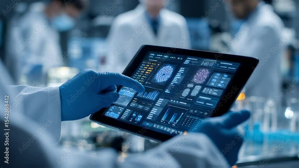 Poster scientist wearing gloves interacting with a futuristic touchscreen interface in a bustling laborator