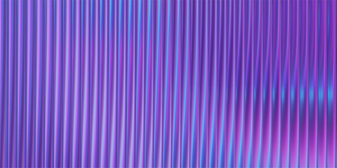 Ribbed purple glass background with iridescent gradient and blue metal effect. Abstract fractal pattern with neon light waves wall design. Translucent prismatic surface with fluted diamond texture.