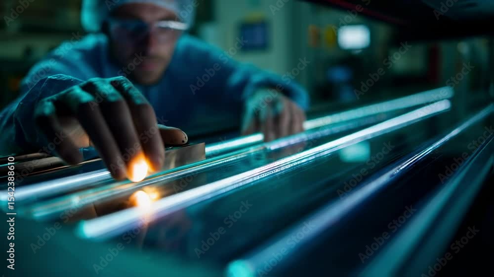 Poster close up of a scientist's hand carefully placing a microchip on a glowing circuit board, highlightin