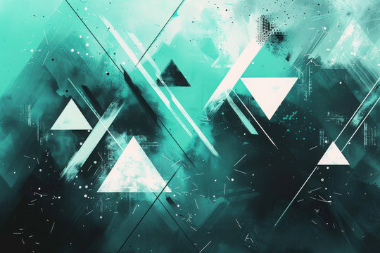 A graphical vexel style design using teal, white, and black colors features distressed textures, dark aesthetics, and small geometric elements like triangles and fractals, creating a modern, edgy look
