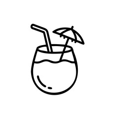 Black Line Drawing Summer Coconut Drink Straw Umbrella Tropical Vacation Illustration Handmade Design Element