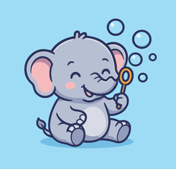 Cute baby elephant playing with bubbles cartoon vector icon illustration animal fun bath icon flat