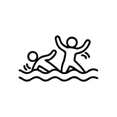 Two Simple Line Drawn Figures Playing in Wavy Water Summertime Handmade Illustration