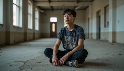 Fototapeta premium Young man sitting cross-legged on floor in empty room 