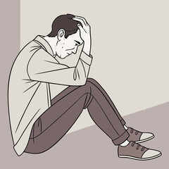 Crying Man Sitting Alone in Depression | Mental Health Vector Illustration