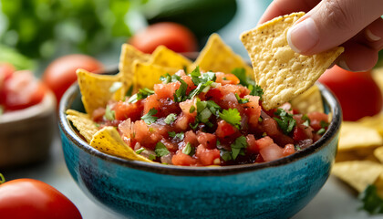 Crispy tortilla chips with fresh gourmet salsa dip. Hand dips chip into salsa, tasty Mexican food. Popular party snack, appetizer. Spicy salsa with cilantro