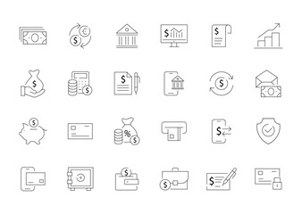Finance and banking line icons collection for website and app