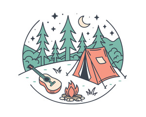 Night Camping Scene with Tent Guitar and Campfire Illustration