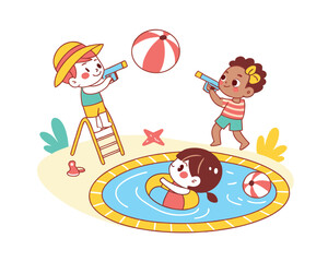 Happy Children Playing at the Poolside on a Sunny Day