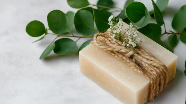 Minimalist Bar Soap with Twine and Greenery on White Background