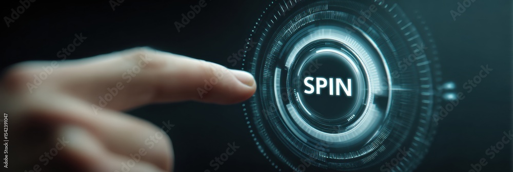Poster interactive hand reaching toward digital spin button with blurred background in a modern setting dur