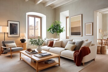 Fototapeta premium Minimalist living room decorated with contemporary furniture and neutral color palette
