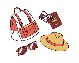 Travel Essentials Flat Lay Illustration Backpack Sunglasses Hat Camera Passport