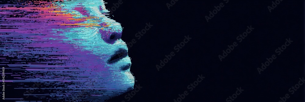 Poster glitch effect revealing emotional confusion in face outline with vibrant colors and abstract design