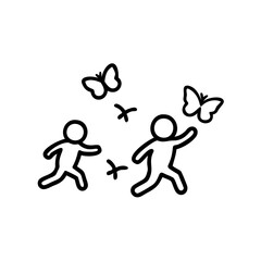 Two Children Running and Chasing Butterflies Simple Line Art Illustration Black White Handmade Kid Design