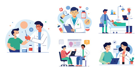 Obraz premium Collection of scenes with doctor and patient activities illustration. Trendy vector style