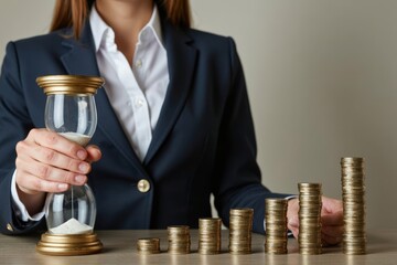 Time and Financial Growth: Businesswoman Holds Hourglass as Coins Multiply