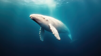 Fototapeta premium A serene underwater view of a graceful whale gliding effortlessly, illuminated by soft sunlight filtering through the water, capturing the beauty of marine life.