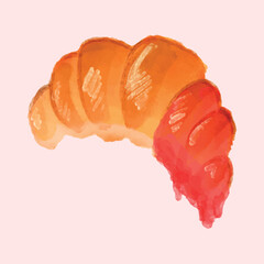 A golden croissant with a shiny cherry filling on a delicate pink background. The watercolor drawing depicts crispy pastries with bright red fruit jam. A gentle illustration of a breakfast