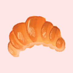 Illustration of a golden puff croissant with a delicate watercolor texture on a pale pink background. Delicious puff pastry with crisp edges and warm tones on pink canvas