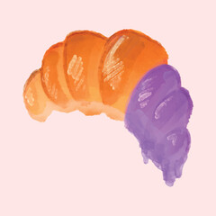 Golden croissant with juicy purple fruit filling on a delicate pink base. Watercolor image of crispy dough with bright plum jam on a pastel background. Artistic vector illustration