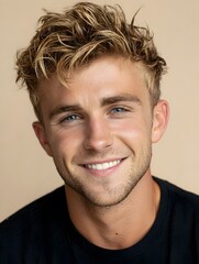 Obraz premium Portrait of a smiling young man with messy blond hair and blue eyes, wearing a black shirt. Natural lighting and neutral background. Headshot of an attractive young man with blonde hair 