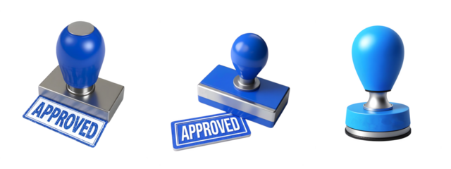 set of blue approved rubber stamps isolated on transparent background