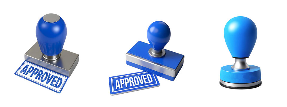 set of blue approved rubber stamps isolated on transparent background