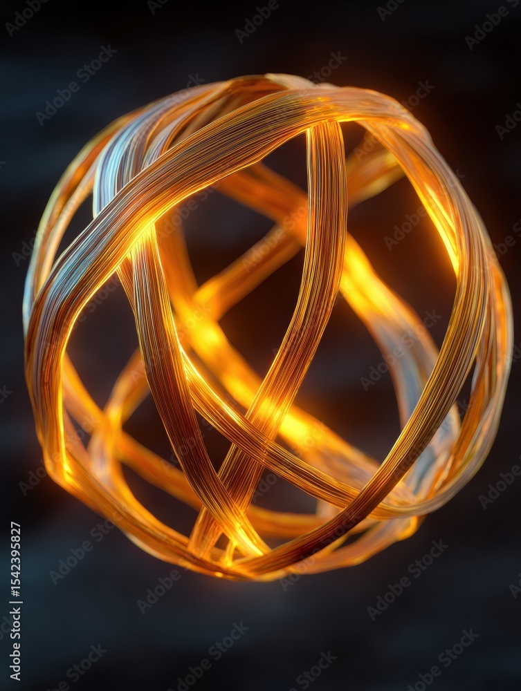 Poster One Glowing Golden Orb Wrapped in Flowing Ribbon Illuminates the Dark Background, Creating a Captivating Visual Spectacle of Light and Texture
