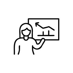 Woman presenting upward trending graph on whiteboard business growth data analysis report presentation female