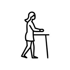 Black and White Line Drawing of Woman Walking by Small Table Handmade Illustration