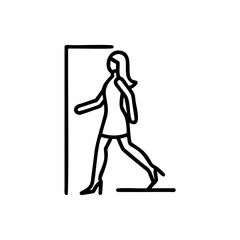 Fototapeta premium Woman in Dress Walking Through Doorway Simple Line Art Black and White Handmade Illustration
