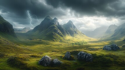 Dramatic Stormy Mountains Under Dark Clouds with Lightning Striking Over Lush Green Valley Landscape