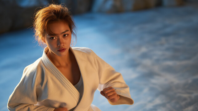 Judo training session with a focused young woman in a black belt