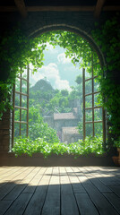 Fototapeta premium Window view with garden and nature, tranquil scenery of vegetation and stone building, design element for nature lover and peaceful life