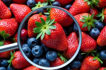Close-Up of Fresh, Vibrant Fruits like Strawberries or Blueberries Under a Magnifying Glass