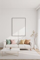 Bright Minimal Living Room with Blank Canvas and Soft Pastel Accent Cushions