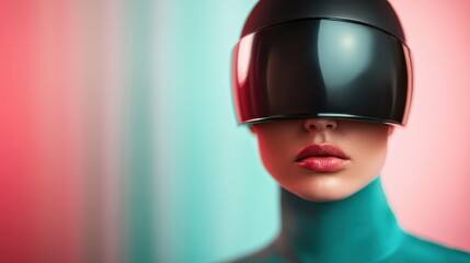 A portrait of a modern, futuristic woman wearing sleek black visor headgear, representing technology's influence on fashion and personal expression in a striking visual display.