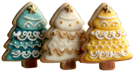Three decorated christmas tree cookies are isolated on transparent background
