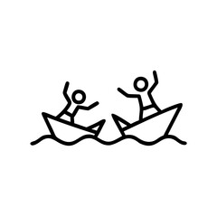 Two Stick Figures in Paper Boats on Wavy Water Joyful Expressions Simple Line Art Illustration Handmade Weather