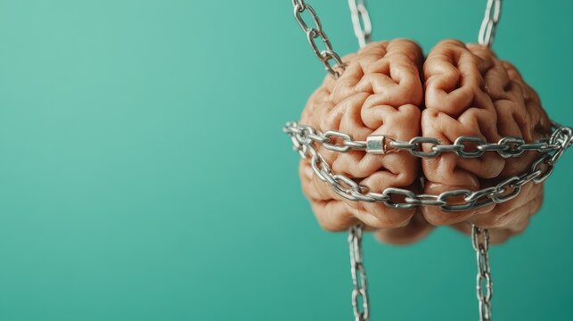 A brain encircled by chains, illustrating the concept of mental constraints, restrictions, and the struggle against limiting beliefs and thoughts.