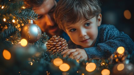 Heartwarming moment between a father and son decorating a Christmas tree with twinkling lights and festive ornaments.