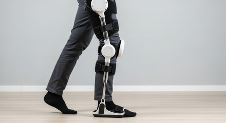 Detail of robotic exoskeleton on a person's leg