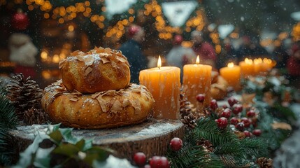 A festive display of traditional holiday pastries surrounded by twinkling lights and candles, evoking a warm winter atmosphere