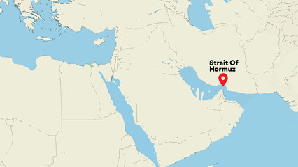 Naklejka premium Strait of Hormuz with the location icon in minimal geographical map style showing Middle East coastlines and land shapes with soft colors