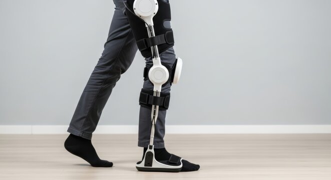 Detail of robotic exoskeleton on a person's leg