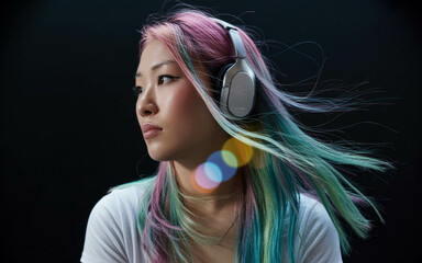 Woman With Pastel Rainbow Hair Wearing Headphones in Studio Light. Colorful Headphones Portrait